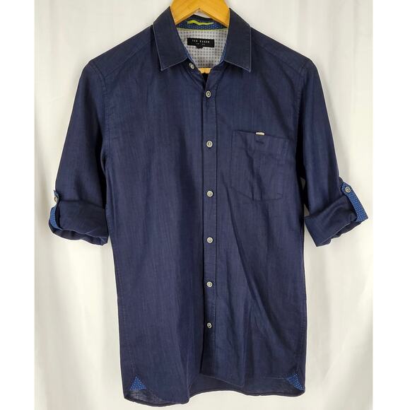 TED BAKER LONDON BUTTON-UP DRESS SHIRT – LONG SLEEVE – SIZE MEDIUM – DARK DENIM - Picture 3 of 16